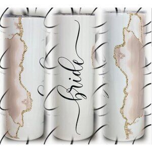 Bride Insulated Tumbler With Straw - 20.3cm x 7.6cm - White Gold & Pink Marbled